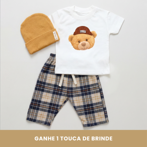 look Infantil Completo com Camiseta Urso, Calça Flanela e Touca